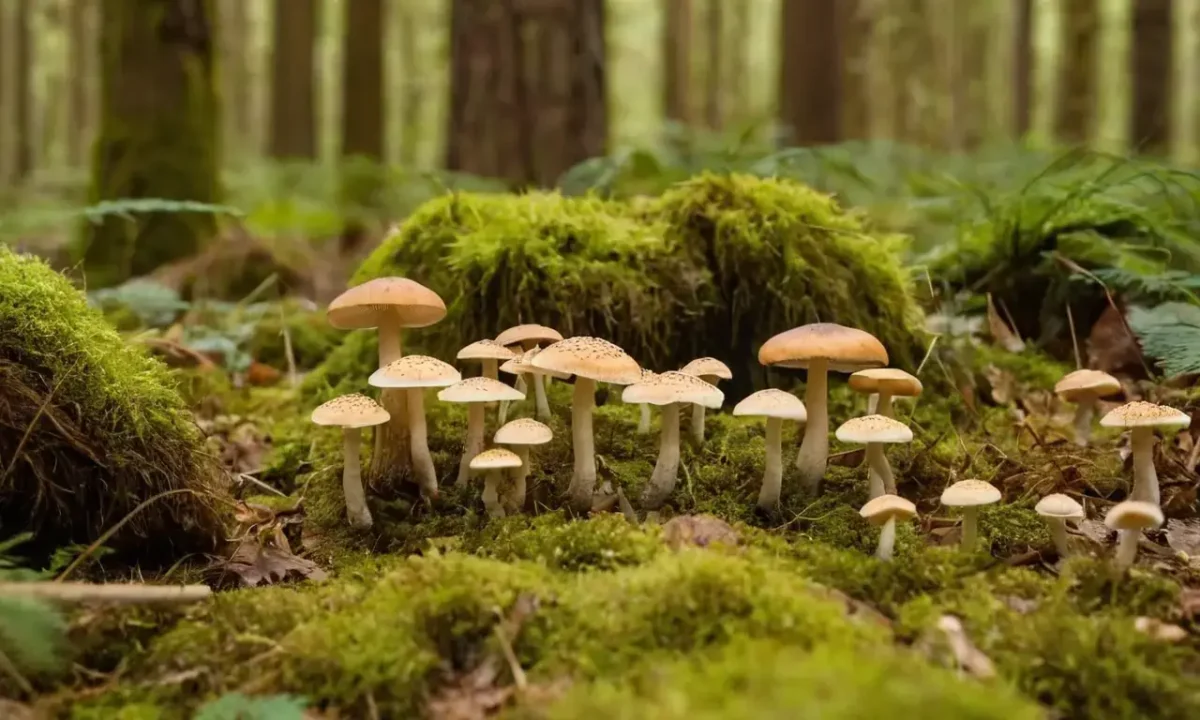 Mushrooms flourish amongst organic matter on a wooded forest floor