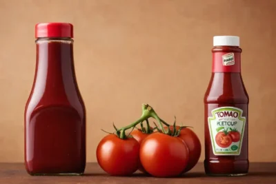 A photo shows a comparison between tomato paste and ketchup