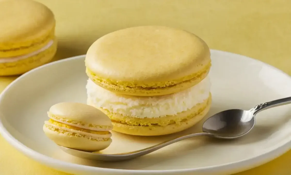A vibrant buttercup yellow rests atop macarons